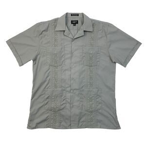 Omega Embroidered Button Up Shirt Mens L Large Gray Short Sleeve Cotton Blend